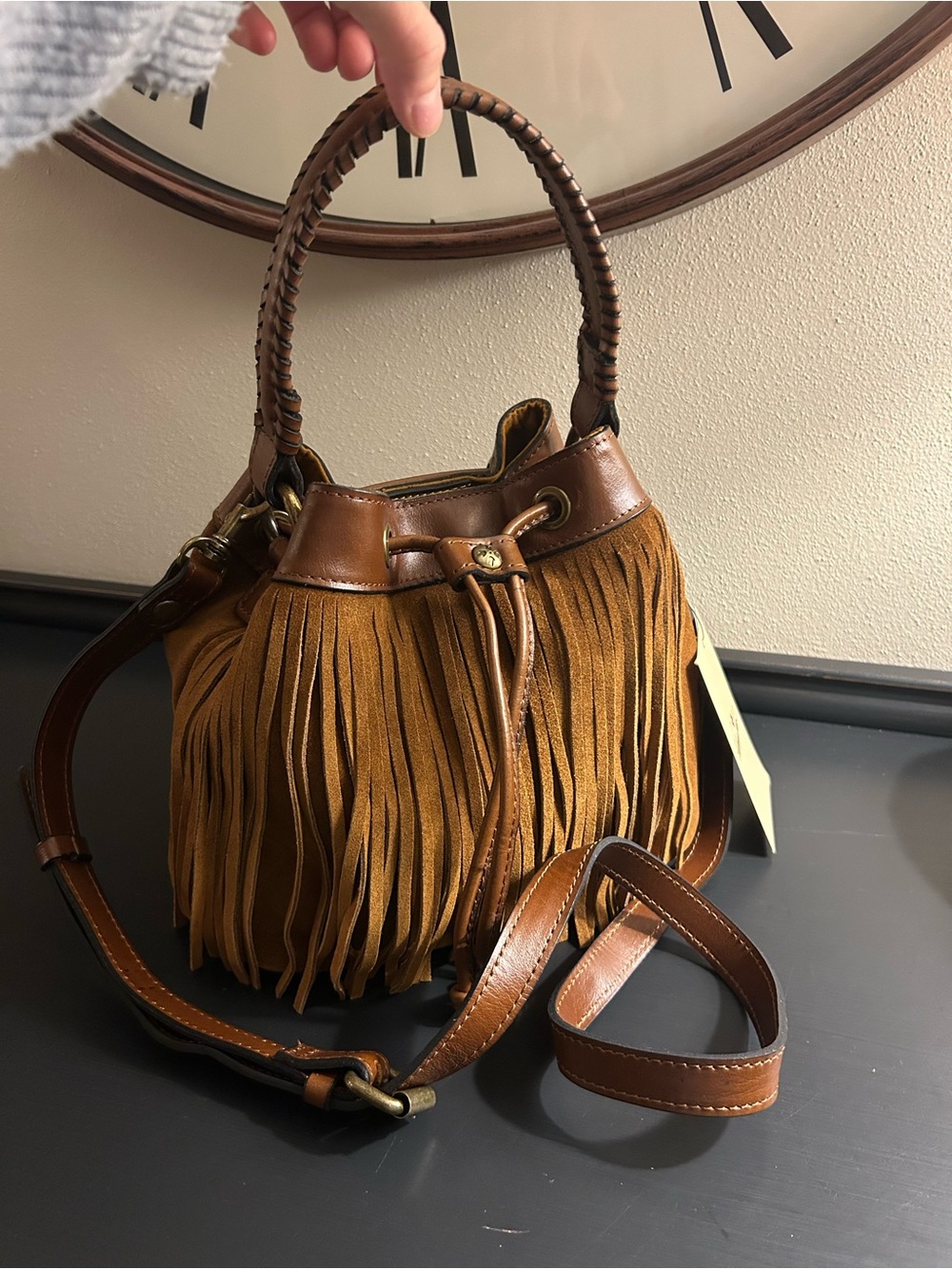 Patricia Nash Tan/Brown Fringe Drawstring Bucket Bag NWT - Picture 3 of 9